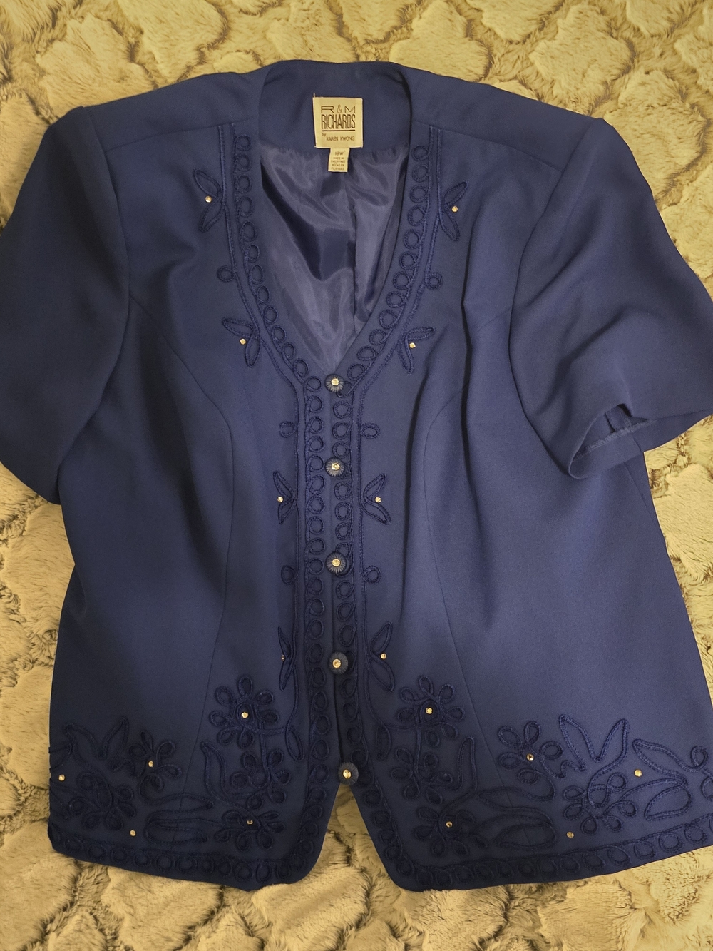 Vintage R&M Richards Karen Kwong Embroidered Royal Short-Sleeve Blazer 18W EUC
